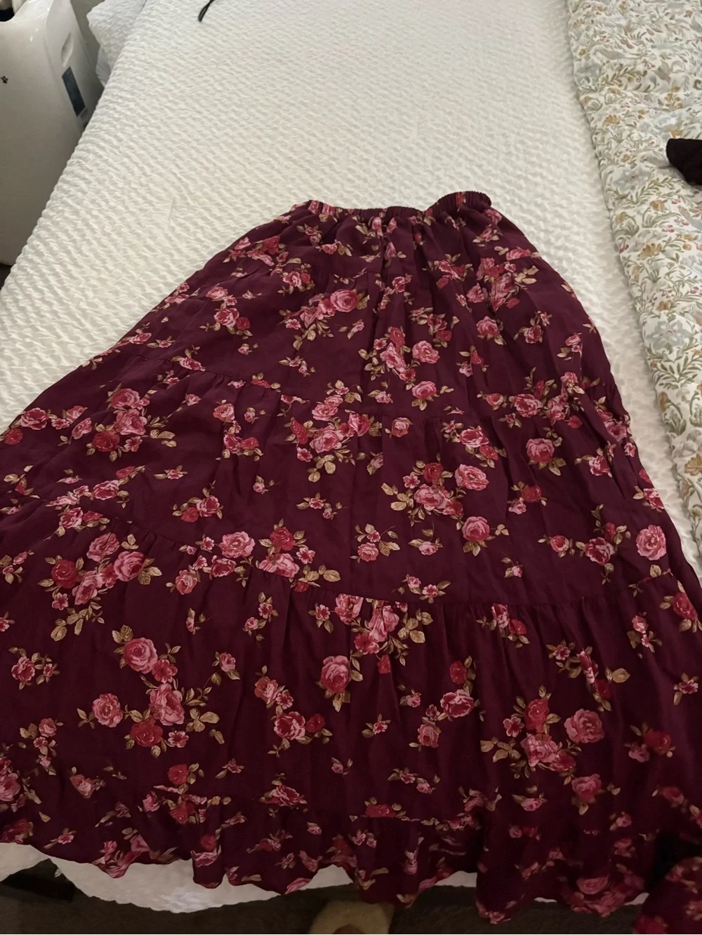 Altar'd State Burgundy Maxi Skirt with Pink Rose Print